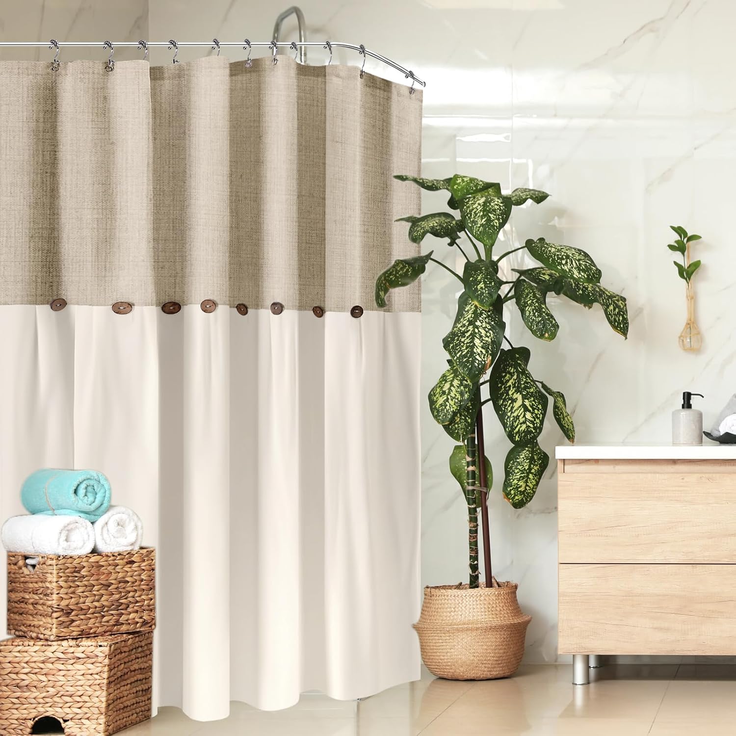 3 in 1 Farmhouse Boho Button Shower Curtain and Clear Curtain Liner Set with 12 Double Rings Linen and Cotton Woven Fabric Rustic Decor for Bathroom, 70''x70''(Flaxen, Cream Color)