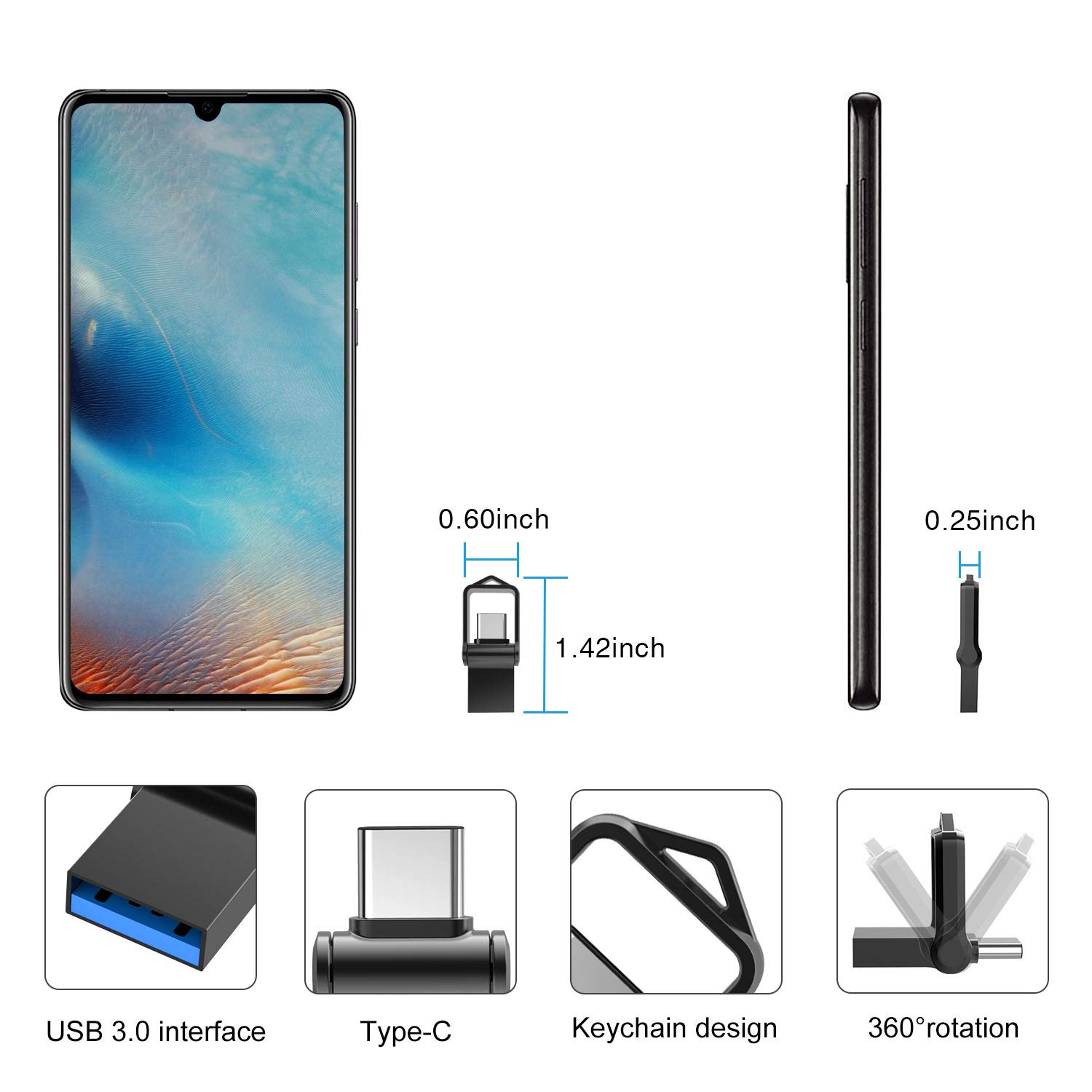 KOOTION Memoria USB Tipo C 64GB 2 en 1 Memoria Flash 64 GB USB 3.0 USB A & Tipo C Llave metálico Mini Pendrive USB C UDP-Tech USB C OTG Llave portátil para Ordenador Mac Smartphone Tablet (Negro) — view 5