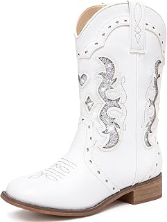 LAURMOSA Kids Cowgirl Boots for Girls Western Square Toe Girls Sparkle Boots Zipper Mid Calf Low Heel Horse Riding for Toddler Little Big Kids
