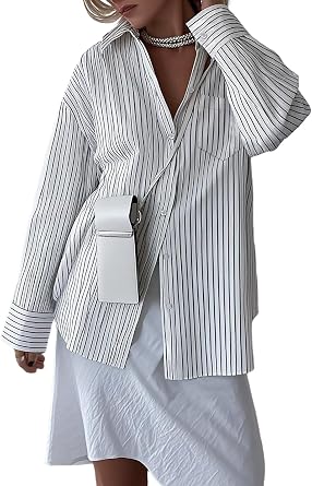 Striped Button Down Shirt for Women V-Neck Striped Long Sleeve Button Up Collared Tops Office Business Work Blouse