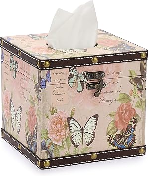 PU+ Wood Square Tissue Box Cover - Retro Household Cube Tissue Box Holder Organizer, Tissue Paper Dispenser for Bathroom
