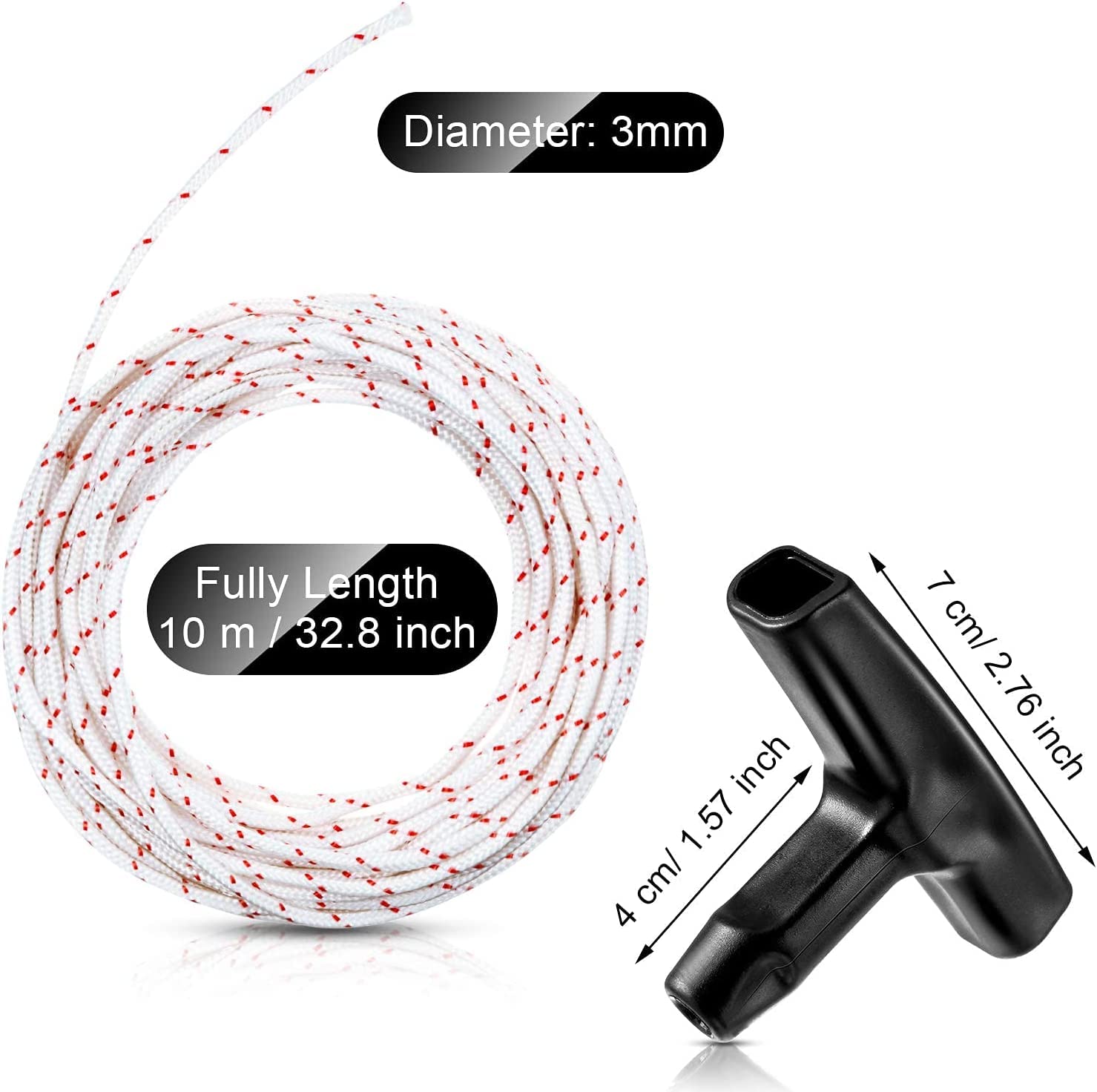 Starter Rope 10 Metres 3.0 mm Pull Cord with 3 Pieces Starter Handle for Lawnmower Chainsaw Trimmer Edger Brush Cutter Engine Parts - Image 2