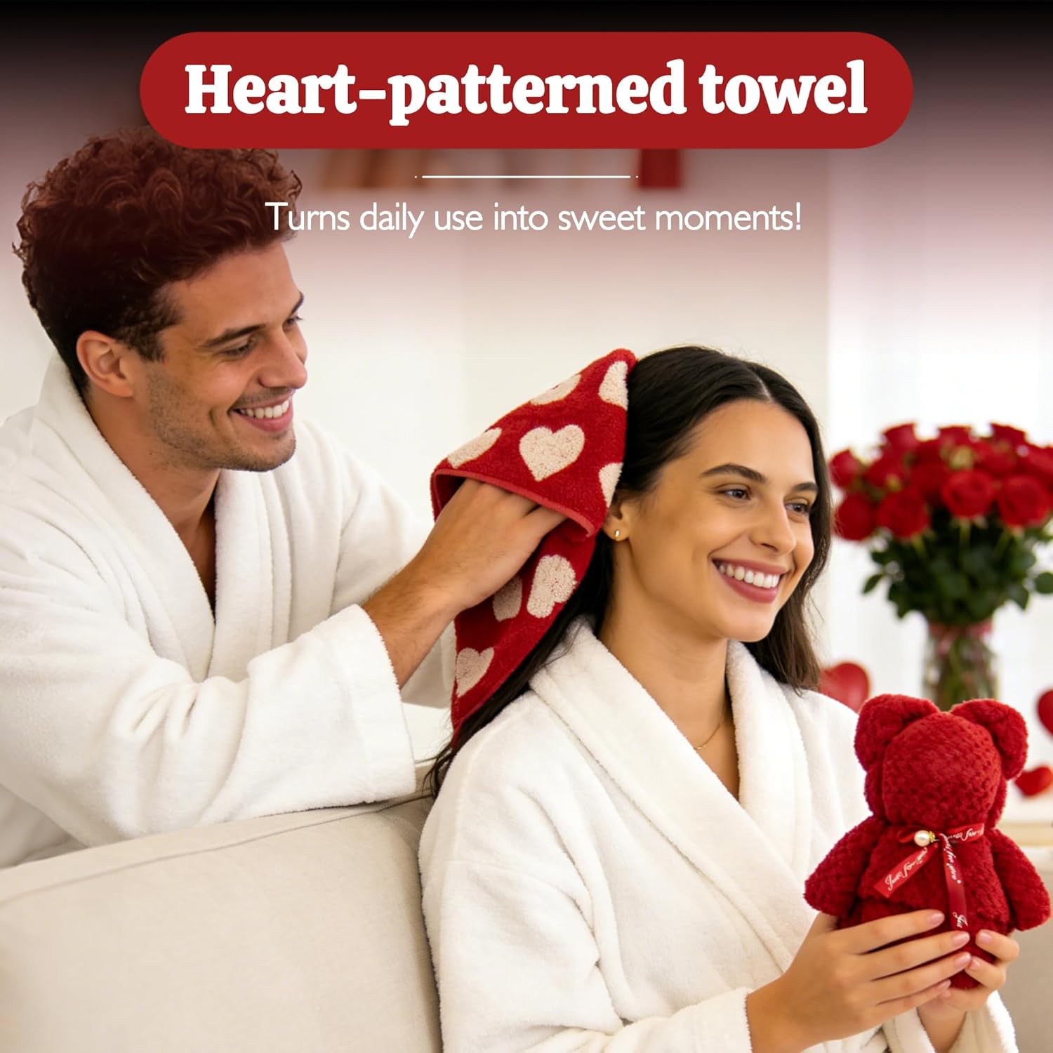 Birthday Red Heart Hand Towels, Gift Card and Box Included, Heart Love Hand Towels for Bath Bathroom Kitchen Dish, for Wife Mother Grandmother Girlfriend(1 Towel+1 Bear)