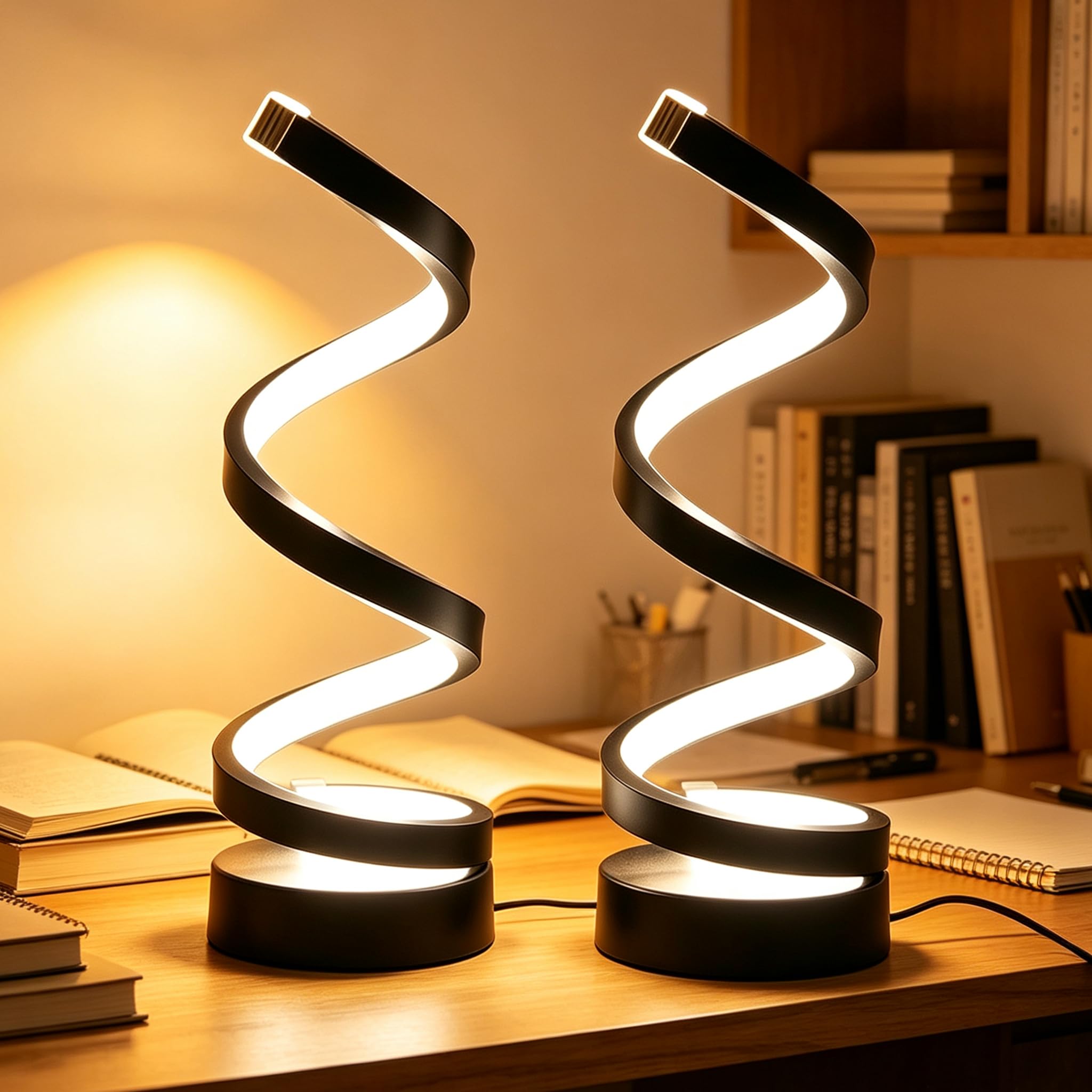 BIZOI 2 Pack Spiral LED Table Lamp, 3 Color Temperatures Dimmable Bedside Lamps, USB Powered LED Modern Desk Light Minimalist Twisted Decorative Black Nightstand Light for Bedroom Living Room Office