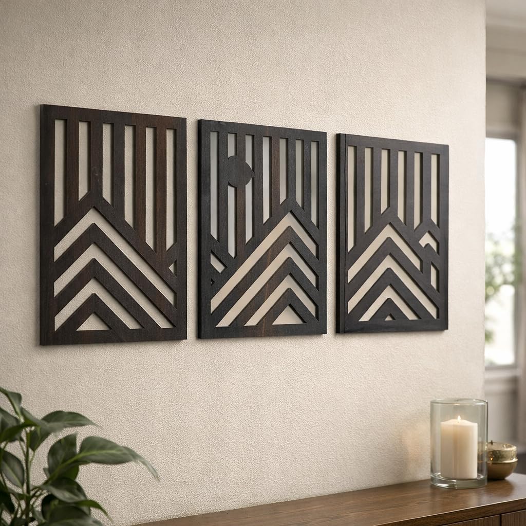 Noblenest Aura Wooden Panel Wall Decor (15 x 12 Inch) Set of 3 | Circle Design in Rectangle Frame | Modern Wooden Wall Art for Living Room, Bedroom & Office | Home Decoration Wall Hanging | Wall Sculpture (Geo) 2
