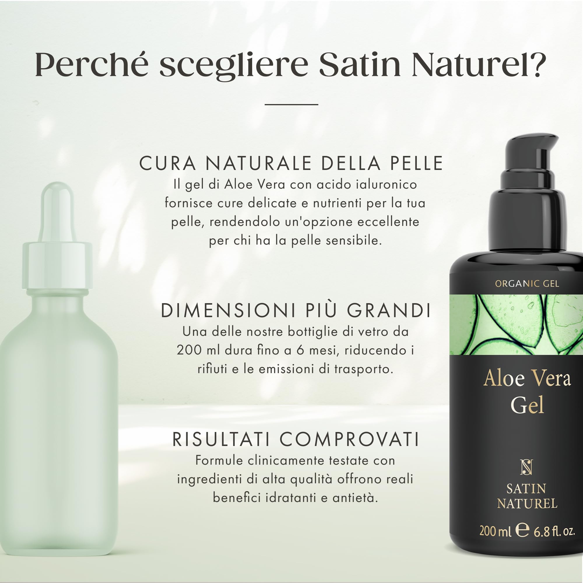 Satin Naturel Gel Aloe Vera Bio 200 ml – 100% Vegano & Cosmetica Naturale – Gel di Aloe Vera Concentrato – Con Acido Ialuronico & Pantenolo – After Sun per Viso, Corpo e Capelli