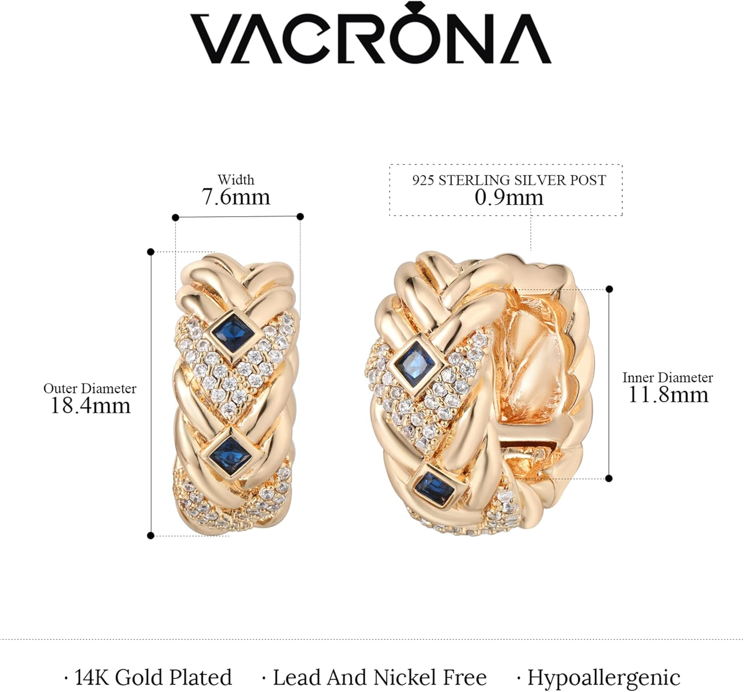 VACRONA Gold Hoop Earrings for Women | 14K Gold Plated 925 Sterling Silver Posts Blue CZ Red Cubic Zirconia Lightweight Trendy Huggie Hoops Earrings Gifts - Image 6