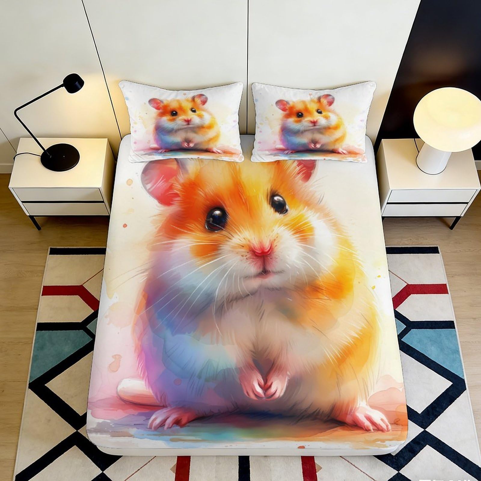 3D Printed Cute Hamster Fitted Sheet Microfiber Soft Cartoon Animal Bed Cover for Bedroom Dorm Mattress Protector Decor 90x200x25cm
