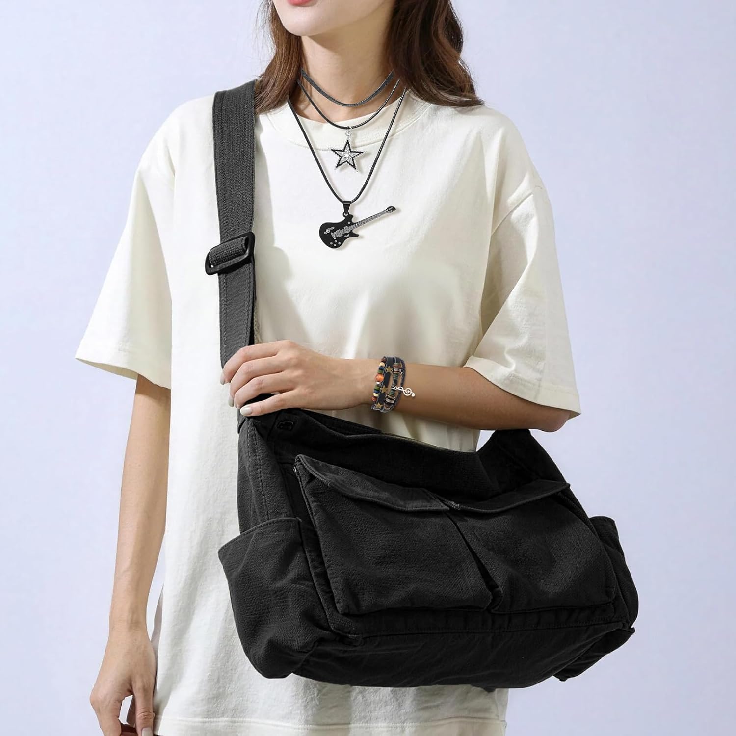 Canvas Messenger Bag, Black Messenger Bag, Canvas Crossbody Bag and Y2k Star Necklace, Messenger Bag for Women Shoulder Laptop Bag