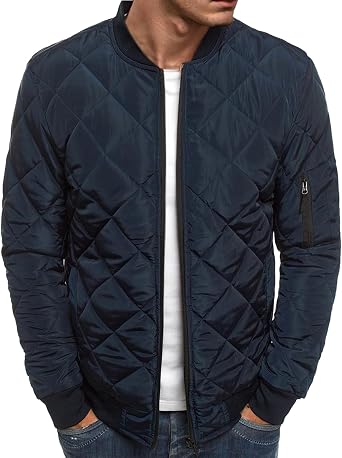 Mens Quilted Jacket Lightweight Diamond Zipper Coats Winter Warm Rib Knit Varsity Jackets Flight Jacket Outerwear