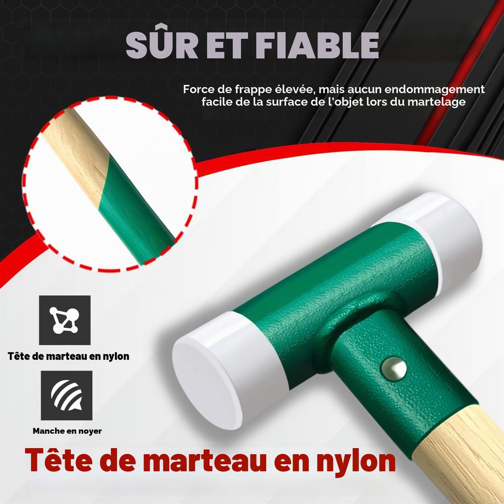 C&T Marteau de protection, maillet souple, diamètre : 30 mm, manche en bois avec tête en nylon interchangeable pour l'entretien et le montage, poignée en bois de 30 mm