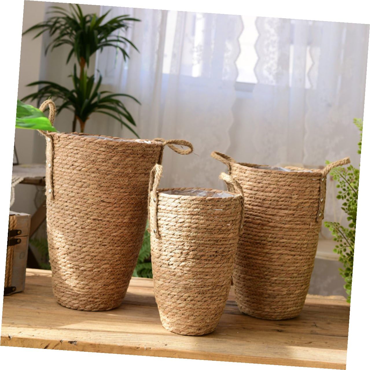 SHINEOFI Panier en Paille Tressée Décoratif pour Pot de Fleurs, Multi-Usage et Résistant, Style Rustique Élégant pour Maison et Balcon Abrité