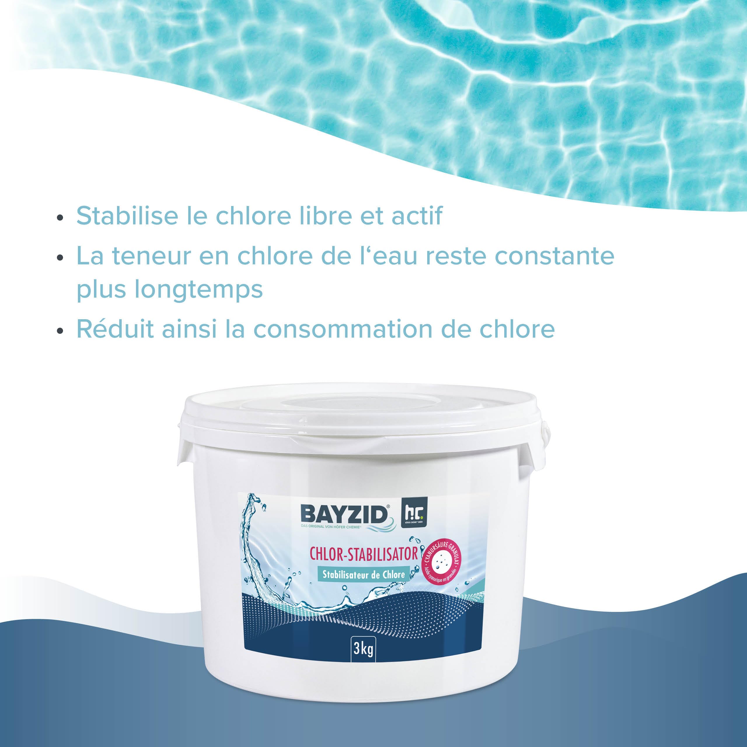 BAYZID Stabilisateur de Chlore pour Piscine 3 kg - Acide Cyanurique en Granulés - Anti-UV et Économiseur de Chlore - Idéal Électrolyse au Sel et Chlore Liquide - Eau Cristalline