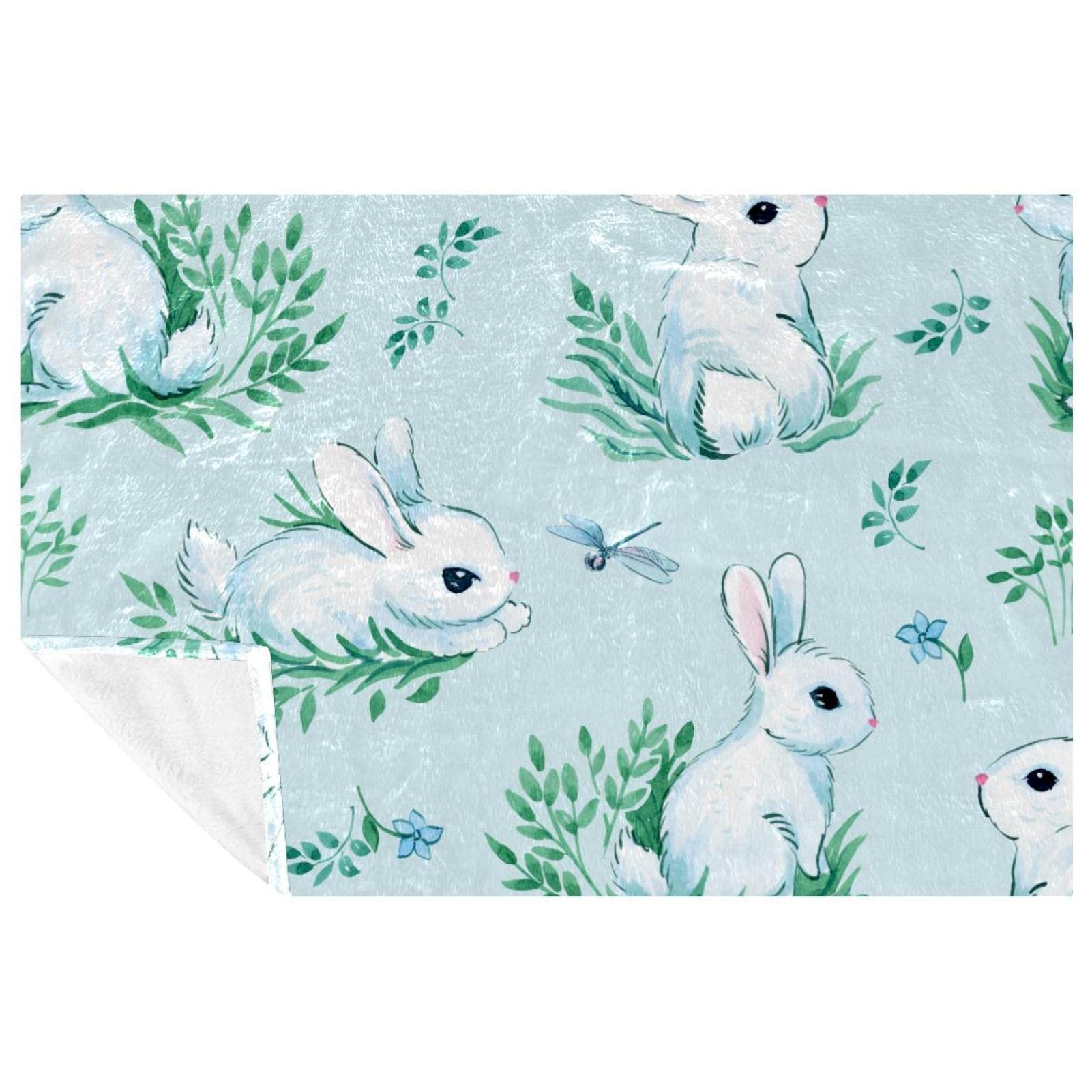 Couverture douce motifs lapins blancs 150x100 cm plaid lit canapé