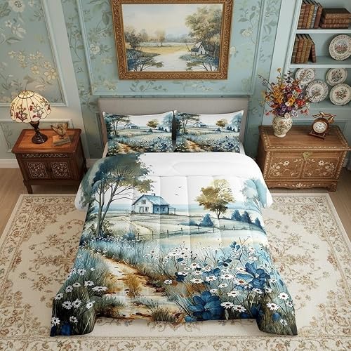 Castle Fairy Rustic Village Comforter Set for Kids Flowers Weed Landscape Beddin