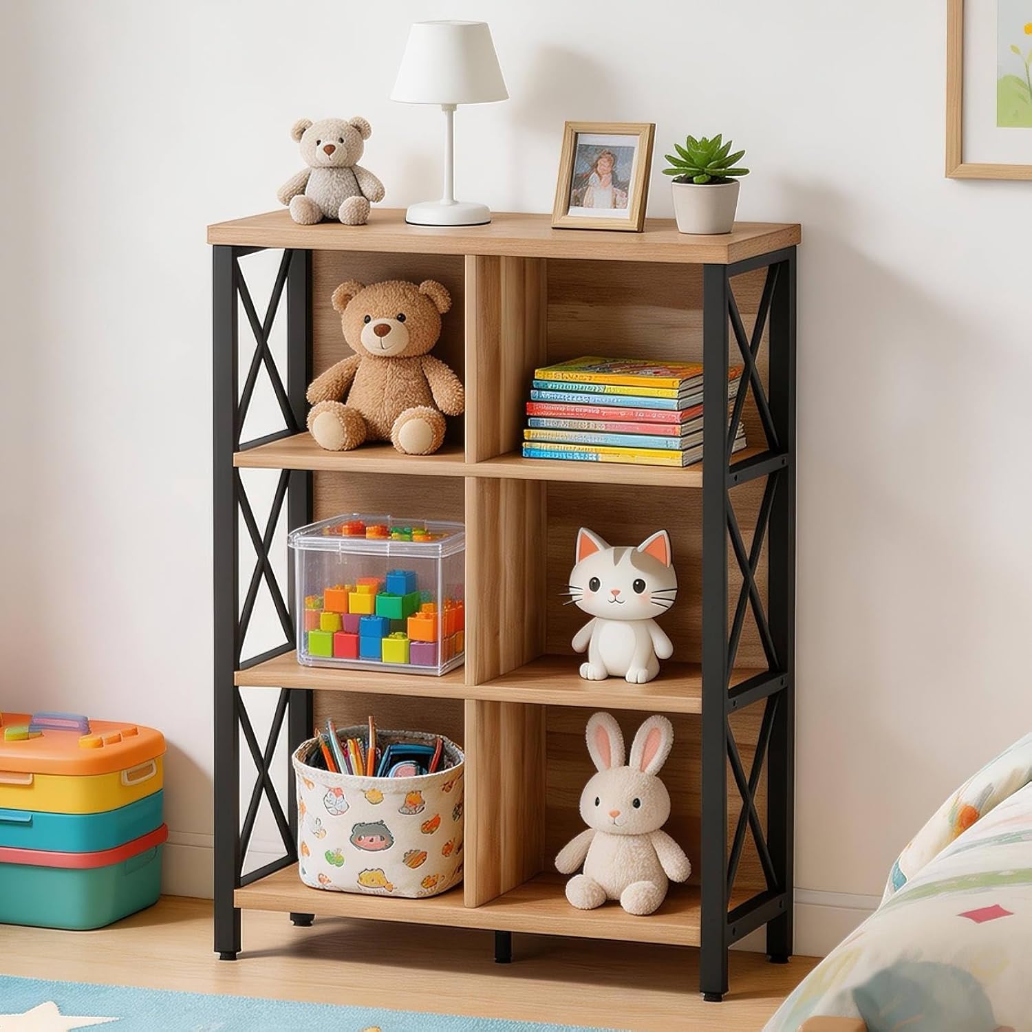 FATORRI Bookcase, 6 Cube Storage Organizer Shelf, Wood and Metal Cubby Book Shelf, Industrial 4 Tier Cube Bookshelf (Rustic Oak)