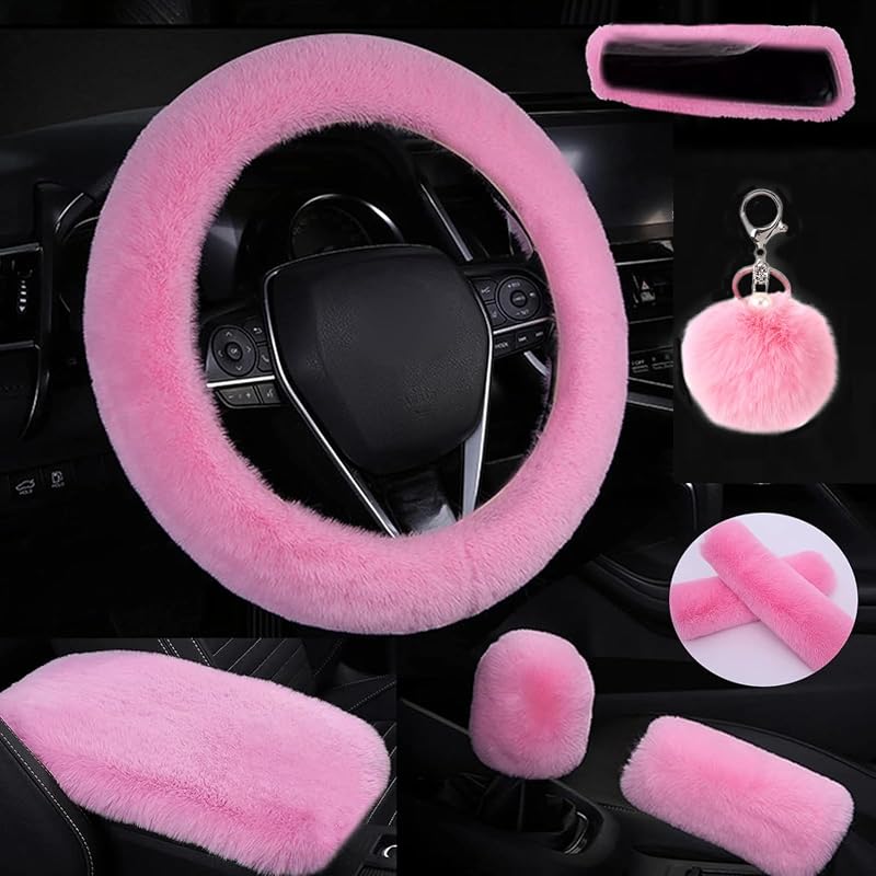Capa para Volante de Pelúcia Rosa com Kit de Acessórios Internos STEVE YIWU, 38,1 cm, Kit com 8 peças