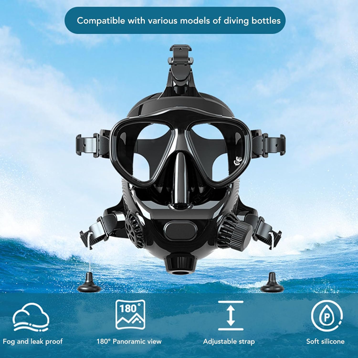 Diving Gear, Leakproof 180 Degree Panoramic View Diving Mask, Lung Sub Mask, Anti Fog Silicone Face Goggle with Camera Mount - Image 2