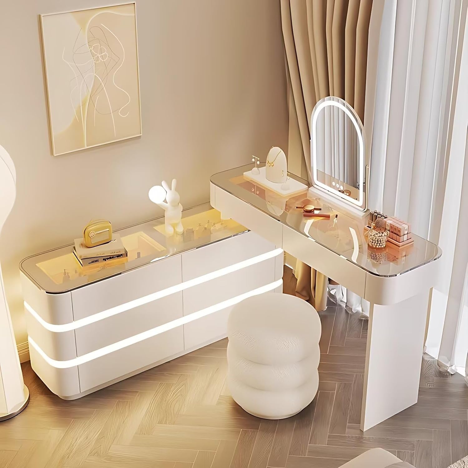 Makeup Vanity - Solid Wood Vanity Set with 8 Drawers and Atmosphere Light, White Dressing Table with Smart LED Lights Mirror and Chair, Tempered Glass Tabletop (47'')