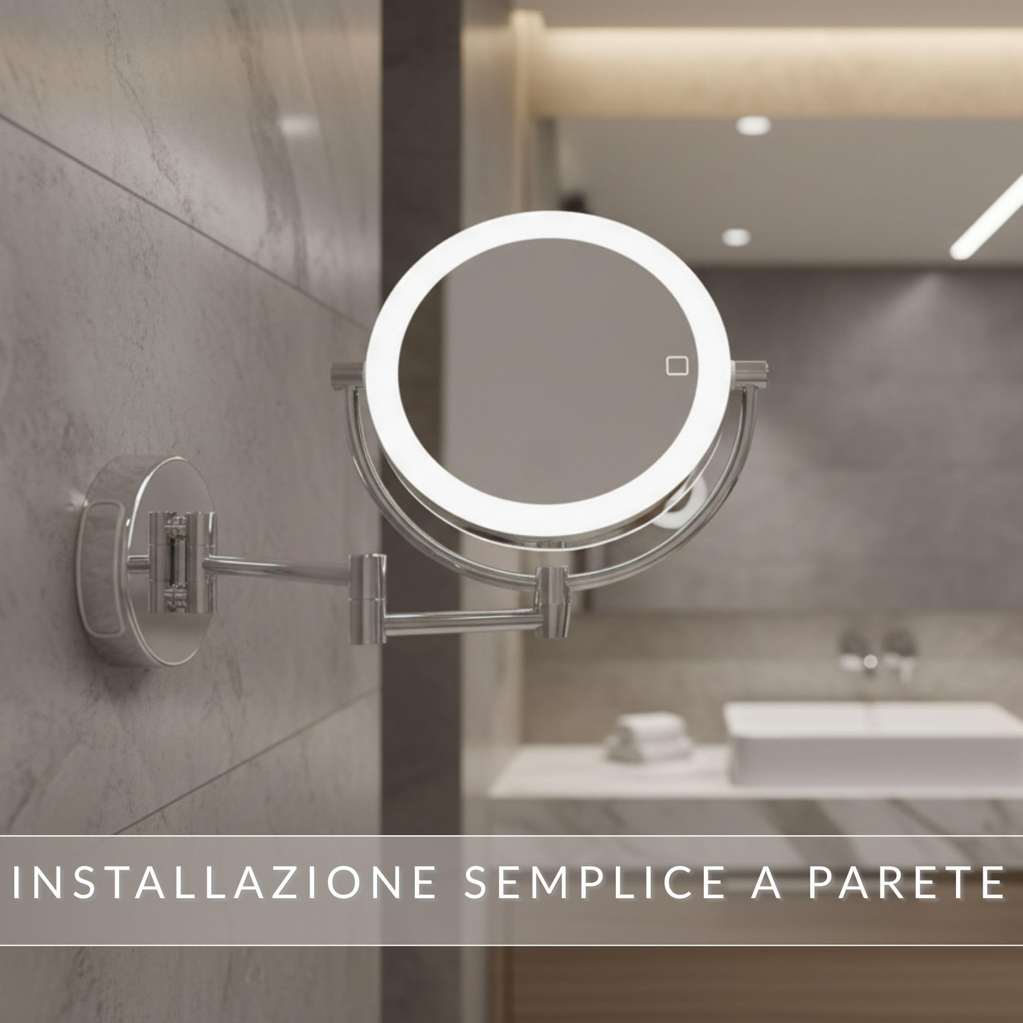 Modena Specchio Ingranditore da Parete a LED – Specchio Trucco Girevole a 360° con Dimmer, Luce Naturale e Ingrandimento per Make-up e Rasatura (5x / 10x USB/batteria)