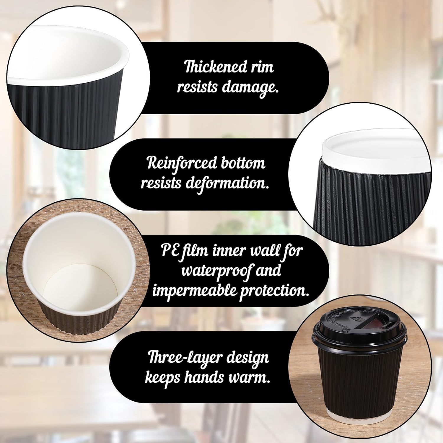 100 Set 4oz Disposable Espresso Cups with Lids Ripple Wall Hot Cups For Coffee Disposable Coffee Cups-Cups, Ripple Corrugated Paper for Office, Cafe, Home or Travel (Black) - Image 5
