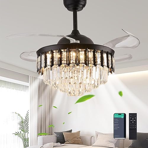 Miniatura 1 de Ventilador de techo LED de cristal regulable de 48 pulgadas con luces y control remoto, moderno kit de ventilador de iluminación de techo retráctil