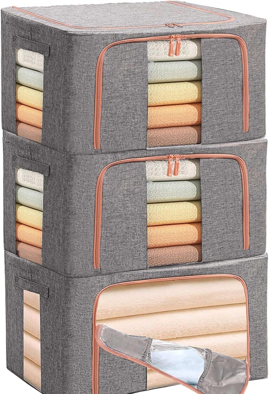 100L Clothes Storage Bag,3 Pack Foldable Steel Frame Closet Organizers Storage Containers,Large Storage Bins for Comforters, Blankets, Bedding,Toys, Books,Foldable with Sturdy Zipper