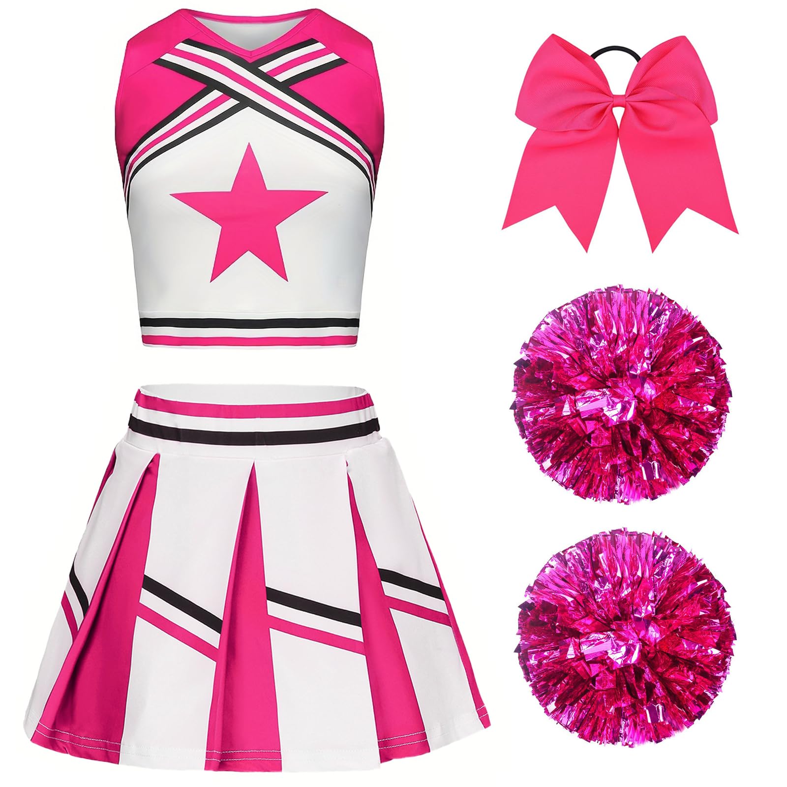 Deguisement Pompom Girl Fille, Deguisement Cheerleader Fille, Uniforme de Pompom Girl Fille avec Pompoms et Chaussettes Robe de Pompom Costume pour Enfant Halloween Carnaval Mascarade - 1