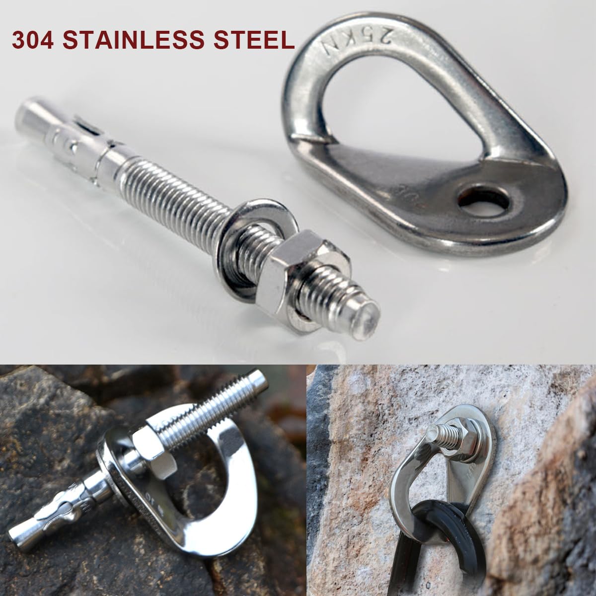 YZTONGPAO 304 Stainless Steel Climbing Anchor Bolt, 25-30KN Rock Climbing Bolt Hanger, M10 and M12 Climb Fastening Bolt Safe Fixed Point, 4 Set Rock Climbing Holds