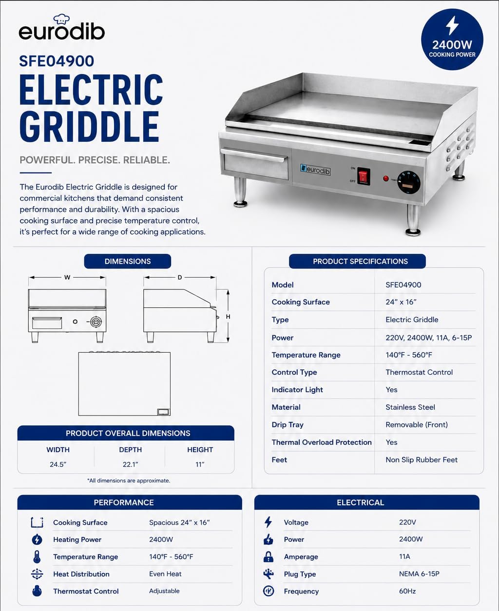 eurodib Commercial Electric Griddle, 24" Flat Top, 220V – SFE04900 | Stainless steel smooth surface, adjustable temperature controls, removable grease tray, even heating