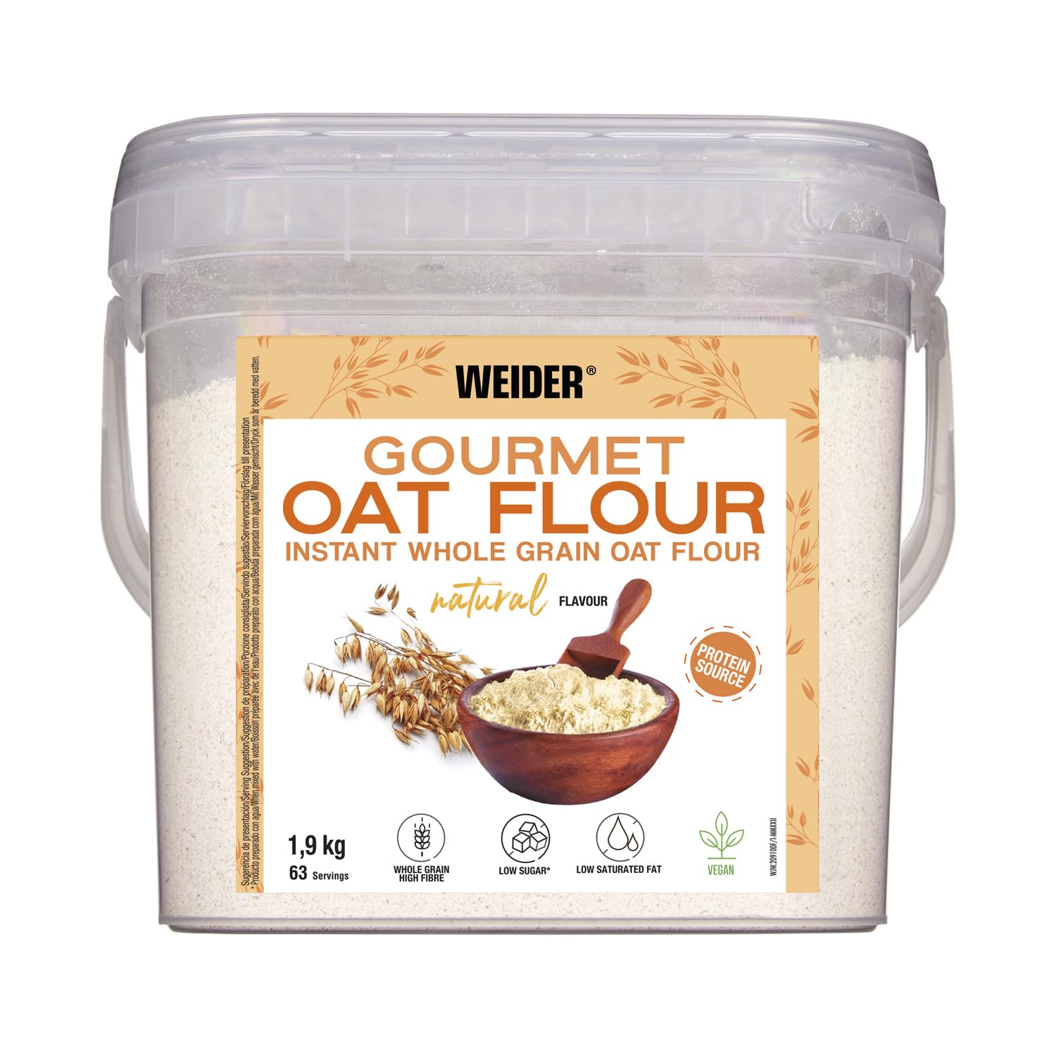 Weider Weider Oat Gourmet – Wholegrain Oat Flour. Source of protein with a low sugar content. 1.9 kg. Neutral flavour.