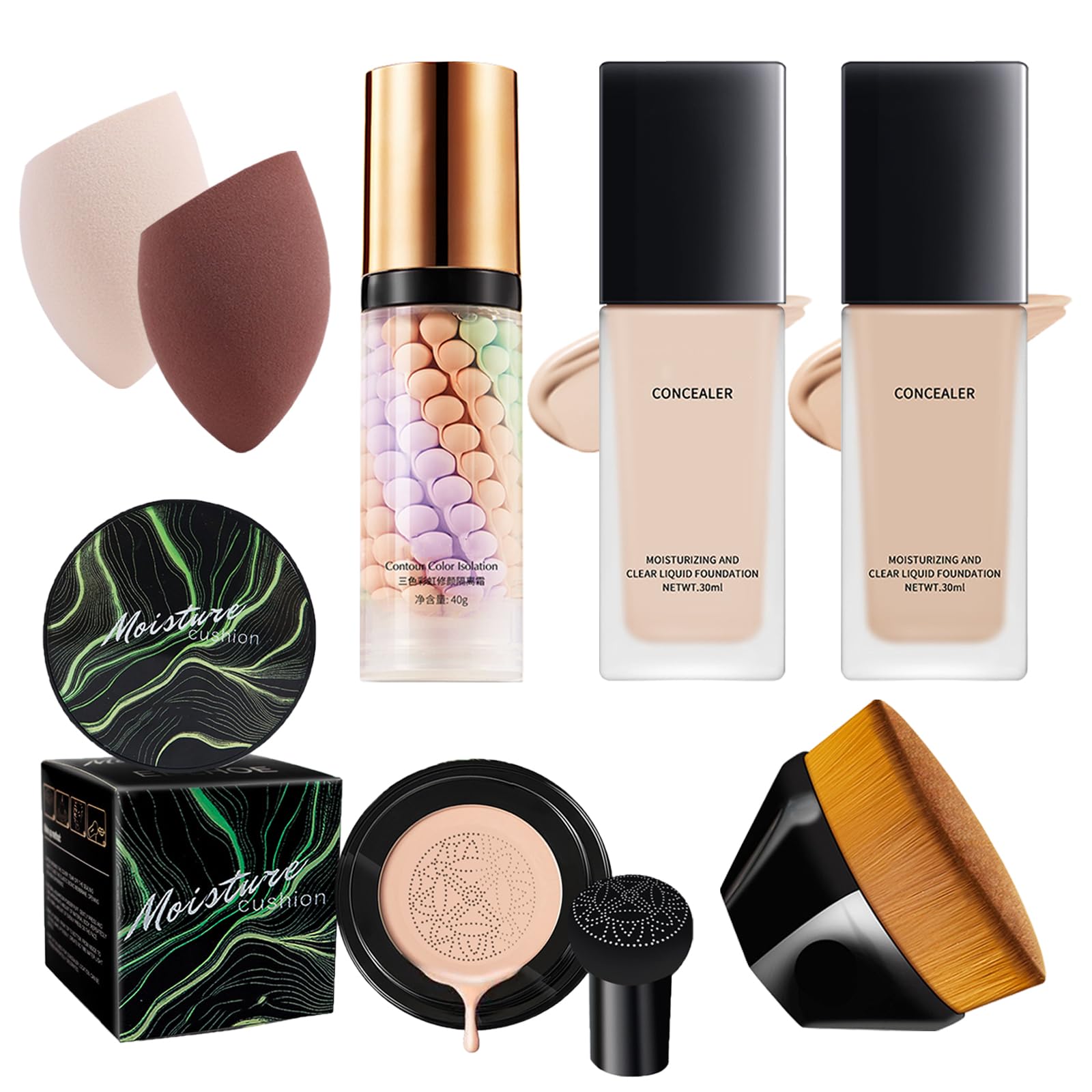 Full Coverage Foundation Makeup Set - 7 Pcs All In One Makeup Kit - Foundation Full Coverage|Mushroom Head Air Cushion CC Cream|Face Primer|Makeup Brush & Sponge