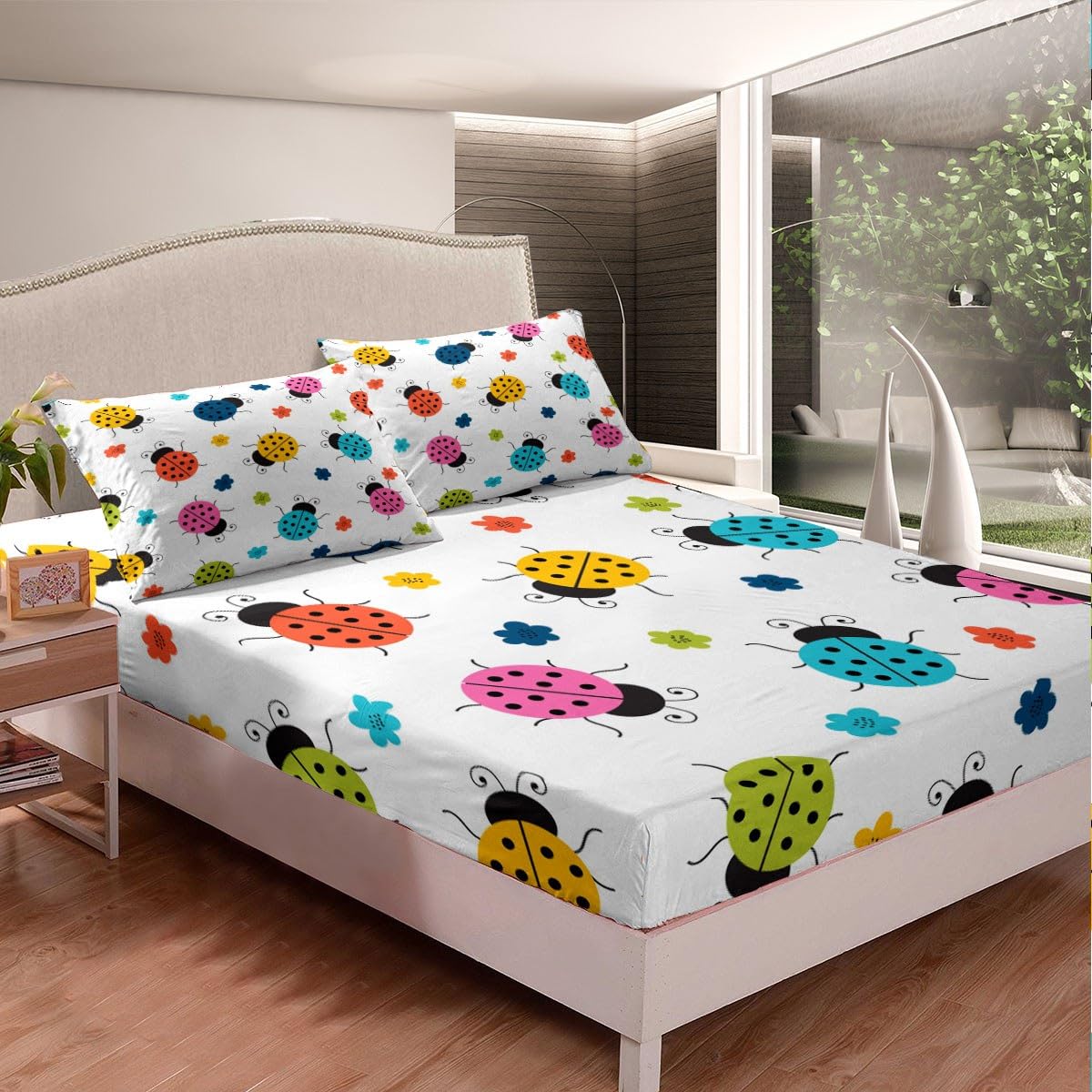 Castle Fairy Set di biancheria da letto per bambini e ragazzi, motivo coccinella, motivo floreale ad acquerello e animali, lenzuolo con angoli, decorazione entomologica, 2 pezzi, 1 copripiumino e 1