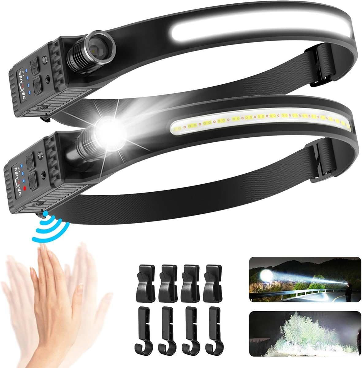 Head Torch Rechargeable, [2 Pack] Super Bright 230° Wide Beam Adjustable Focus Headtorch, 30 Hrs Runtime, 8 Modes with Motion Sensor, Waterproof Lightweight Headlamp for Camping Running Fishing