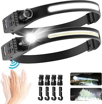 Head Torch Rechargeable, [2 Pack] Super Bright 230° Wide Beam Adjustable Focus Headtorch, 30 Hrs Runtime, 8 Modes with Motion Sensor, Waterproof Lightweight Headlamp for Camping Running Fishing