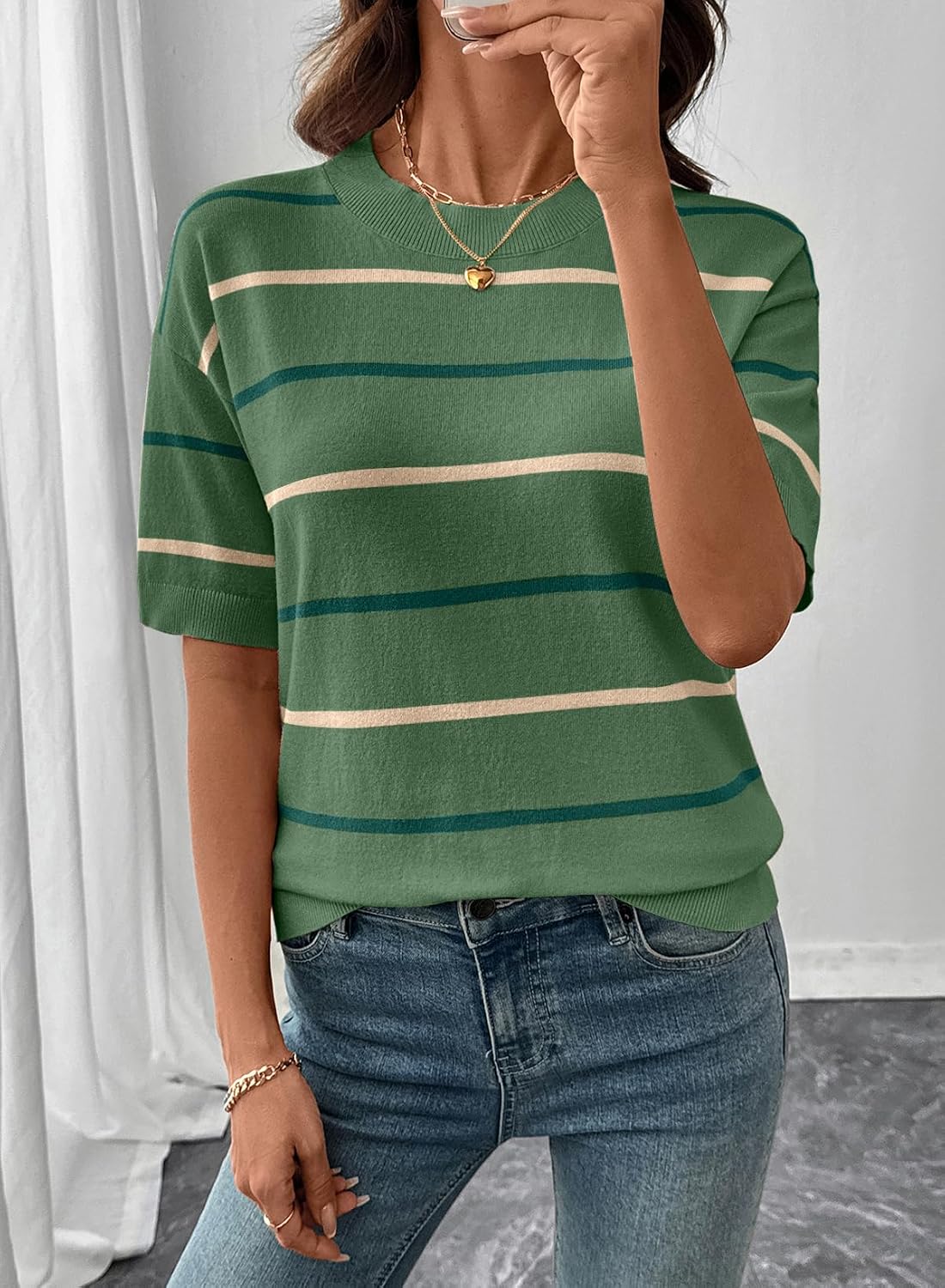 SHEWIN Womens Tops Crewneck Short Sleeve Sweater Pullover Knit Striped Shirt Blouses Fall Outfits for Women 2026