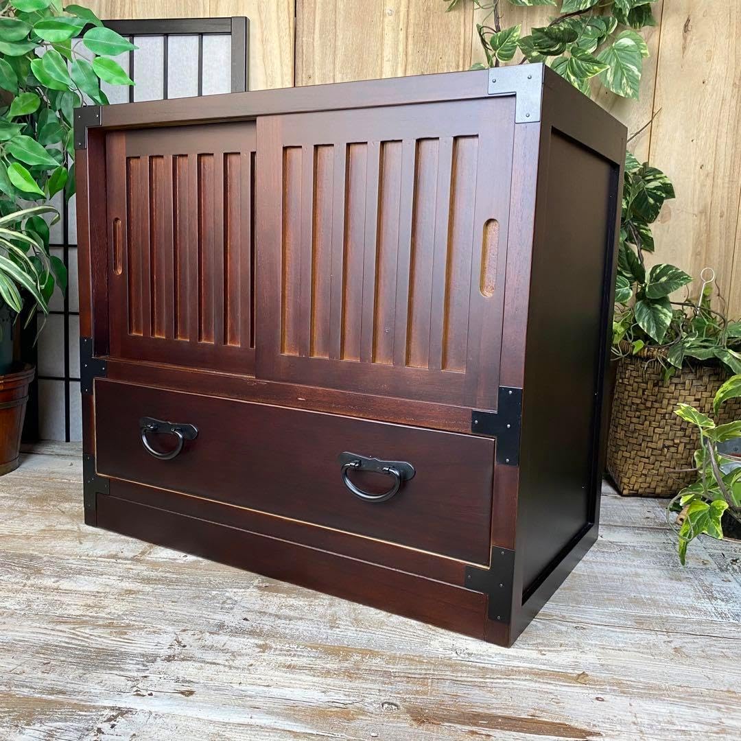 民芸家具木製桐材天然無垢引き戸付きタンスチェスト収納飾り棚箪笥和室