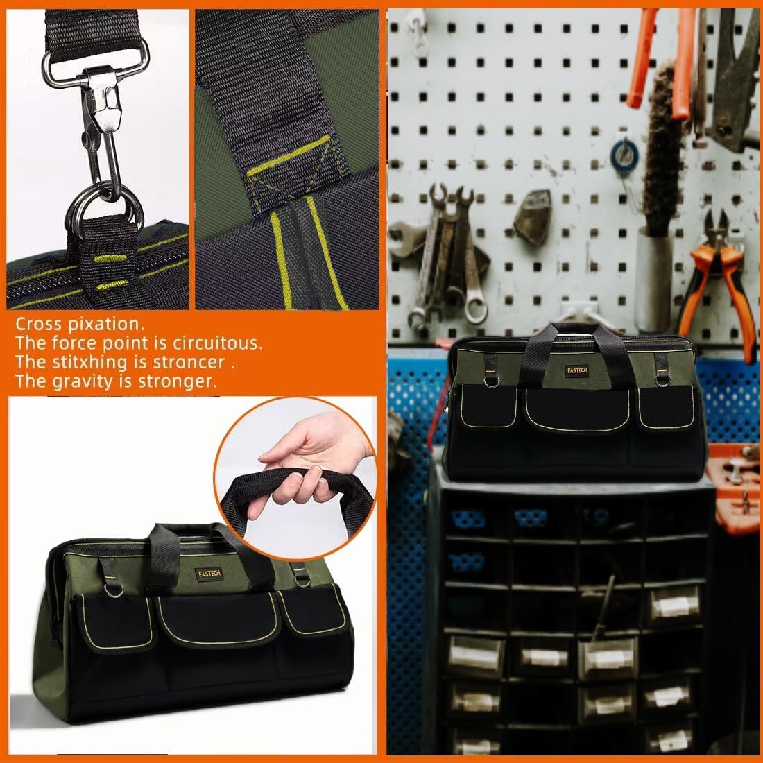 FASTECH 22-inch Wide Mouth Tool Bag with Water Proof Molded Base, Wide Mouth Tool Tote Bag, Waterproof Tool Organizer Bag for Men with Adjustable Shoulder Strap(No Bottom Shell) - Image 7