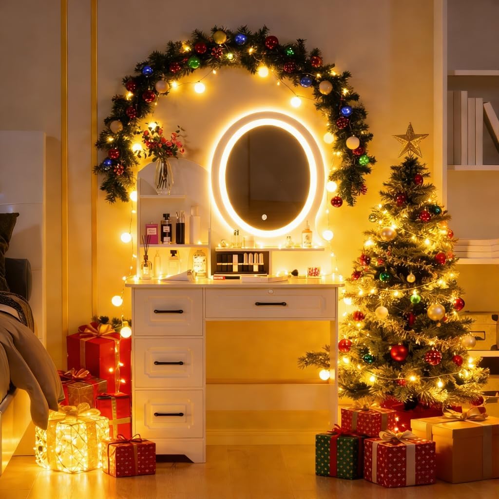 Makeup Vanity Desk with Mirror & Lights, Vanity Desk with 4 Drawers & 3 Open Storage Shelves, Vanity Table, 3 Color Modes & Adjustable Brightness Dressing Table, Bedroom White