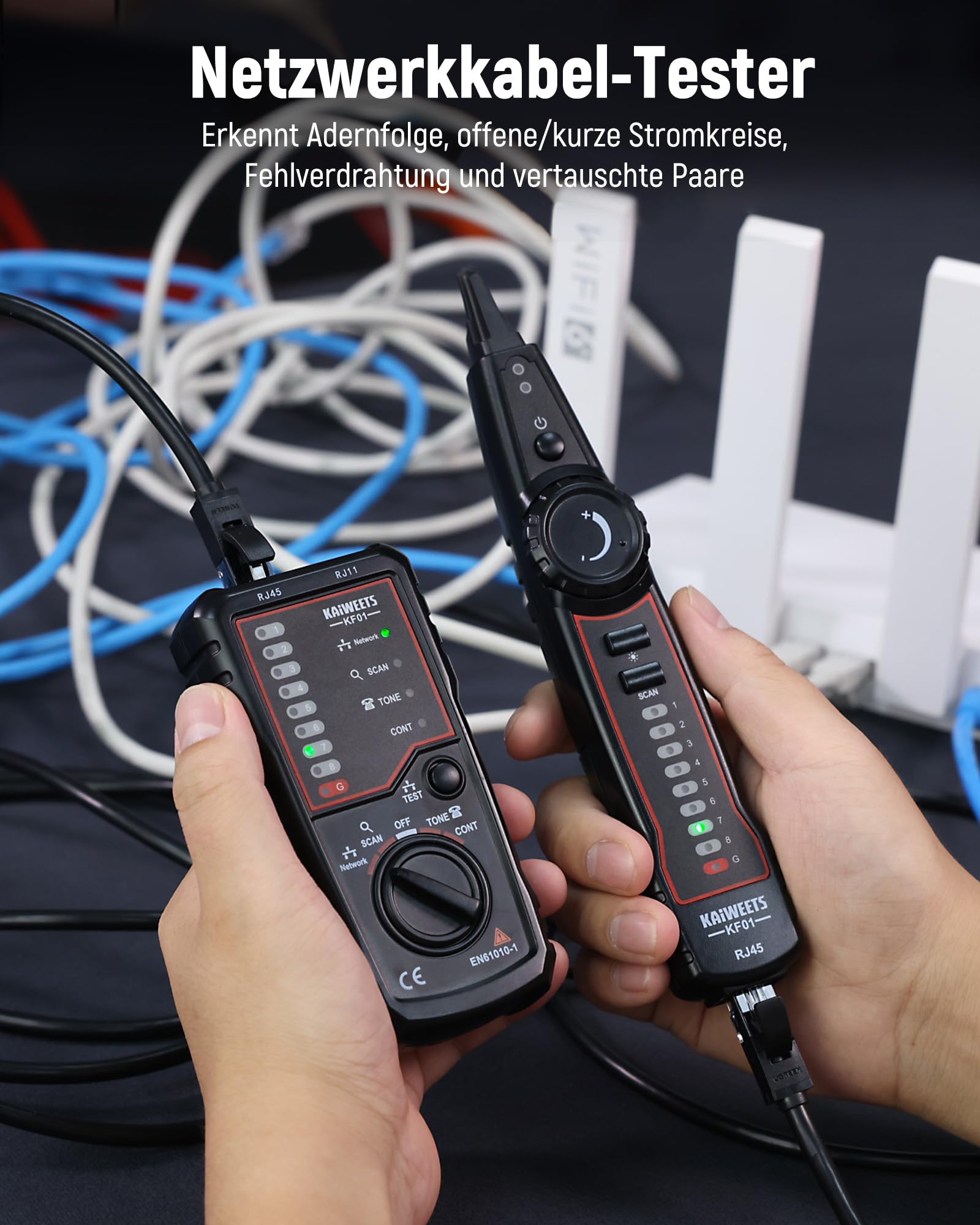 KAIWEETS netzwerktester – RJ45 RJ11 netzwerkkabel tester Telefonkabeltester,netzwerk kabeltester LAN-Kabeltester, geeignet für Kabelverfolgung, Telefonleitungstests und Durchgangsprüfungen