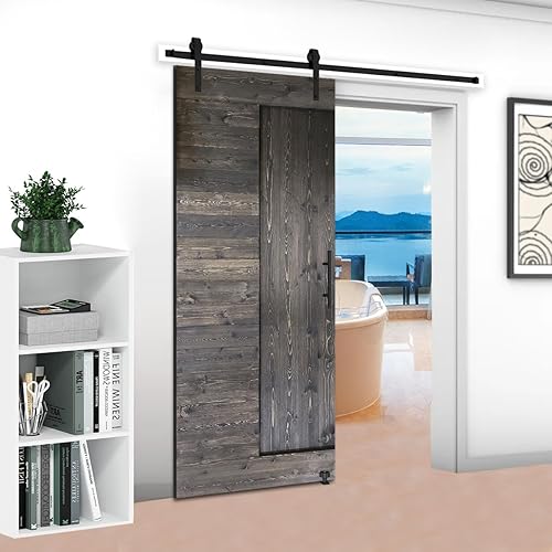 S&Z TOPHAND® Puerta de granero gris oscuro de 54 x 84 pulgadas con kit de herramientas corredizas de 10 pies, estilo moderno sin terminar/madera
