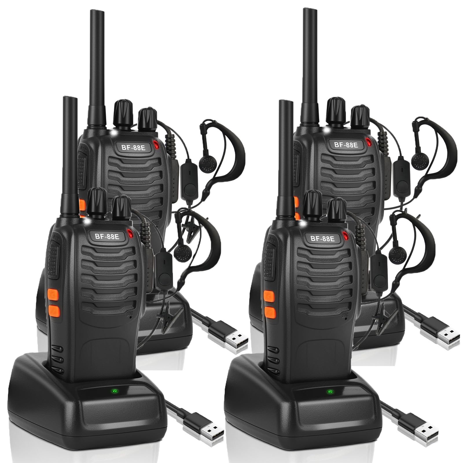 JUAUO BF-88E Talkie Walkie Longue Portée, 16 Canaux PMR446 Portable Rechargeable Professionnelle Talkies-Walkies Radio, avec des écouteurs Originaux et Station de Charge USB (Noir, 2 Paire)