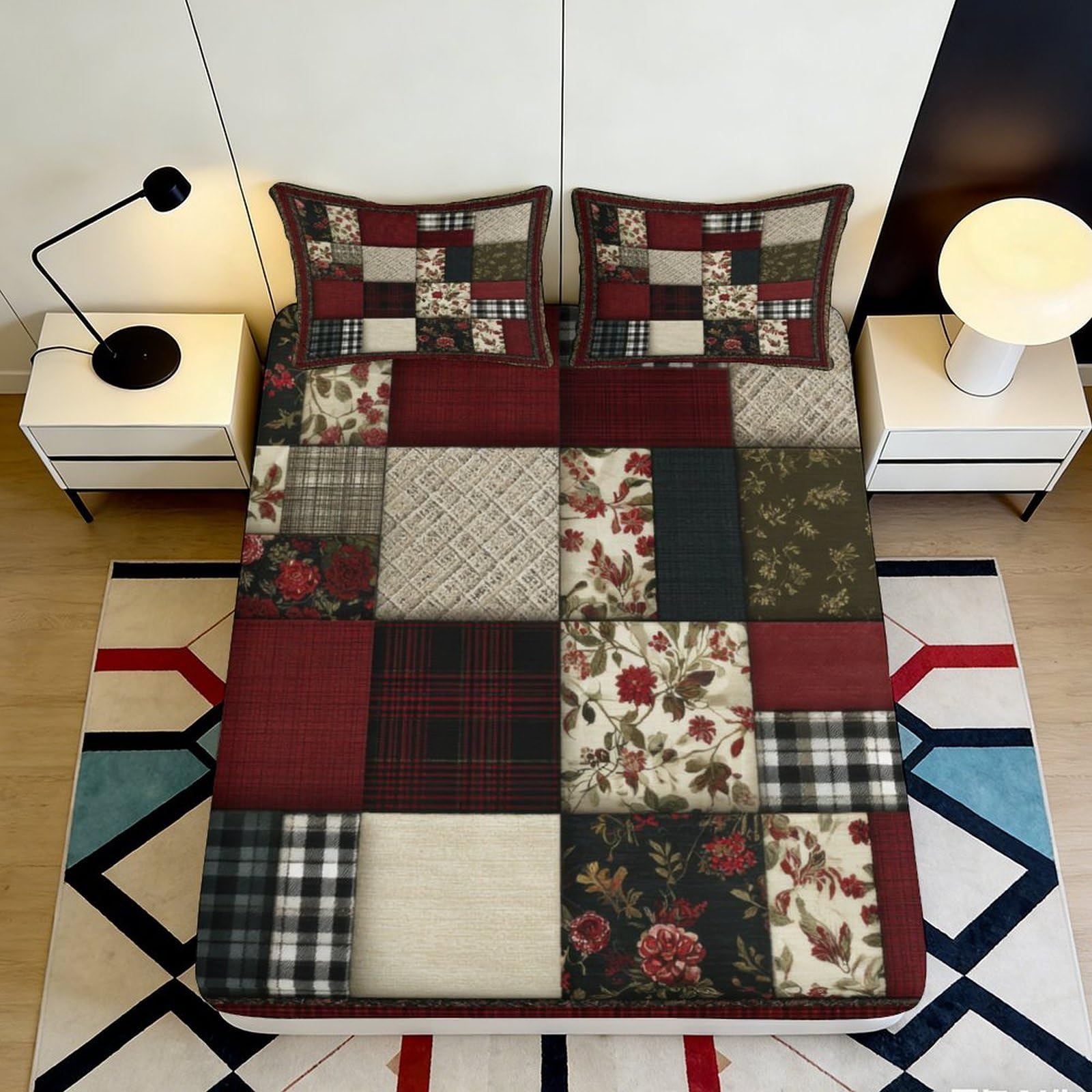 Jqzkxnhpbr Style-5 3D Printed Vintage Patchwork Fitted Sheet Microfiber Bedroom Decor Floral Plaid Bed Cover For Home Guest Room 90X200x25cm
