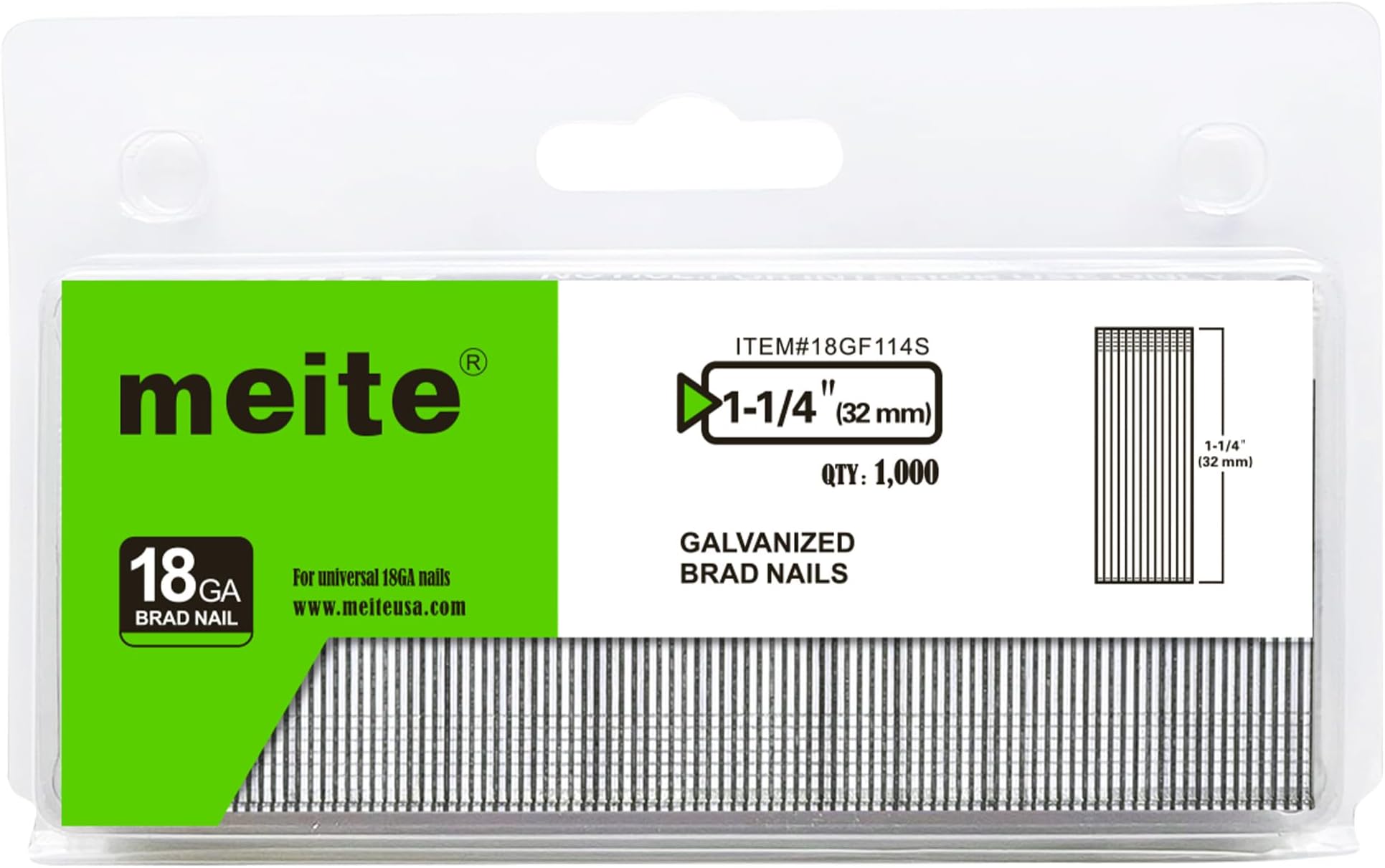 meite 18 Gauge Brad Nails, 1-1/4 Inch 18GA Brad Nails Galvanized Small Finishing Nail Gun Nails for Pneumatic, Electric Brad Nailer Gun (1,000 Counts)