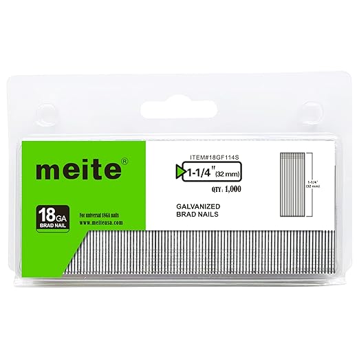 meite 18 Gauge Brad Nails, 1-1/4 Inch 18GA Brad Nails Galvanized Small Finishing Nail Gun Nails for Pneumatic, Electric Brad Nailer Gun (1,000 Counts)