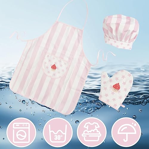 Miniatura 4 de Juego de delantal y sombrero de chef, 3 piezas para niños, juego de rol, juguete de chef, regalo de cocina para niñas y niños (rosa)