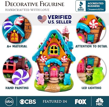 OrnamentallyYou Sugary Haven Candy House Tabletop Figurine, 7 LED Christmas Gingerbread Style Home