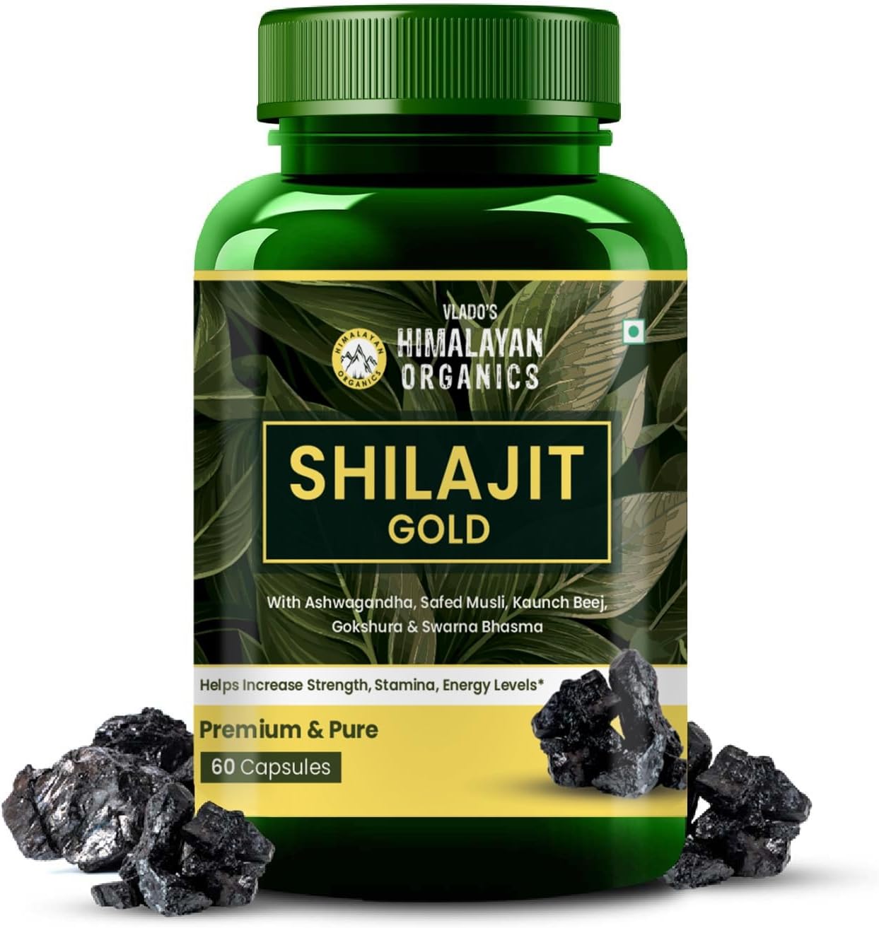 Vlado's Himalayan Organics 100% Pure shilajit with 24 Carat Gold Bhasam - 1100 MG/ Serving Capsules with Ashwagandha, Safed musli, Kaunch beej , Gokshura , Rajat & Swarnat Bhasma +12 more Higy potency Ayurvedic herbs I Extract,75% Fulvic Acid,85+ Trace Minerals | 10x More Powerful Shilajit/shilajeet I Boosts strength, Stamina, Power and Performance , Faster Muscle Recovery ,Restores Vigor and Vitality , Supports Healthy Testosterone Levels , For All Day Energy & Stamina - 60 Natural Capsules