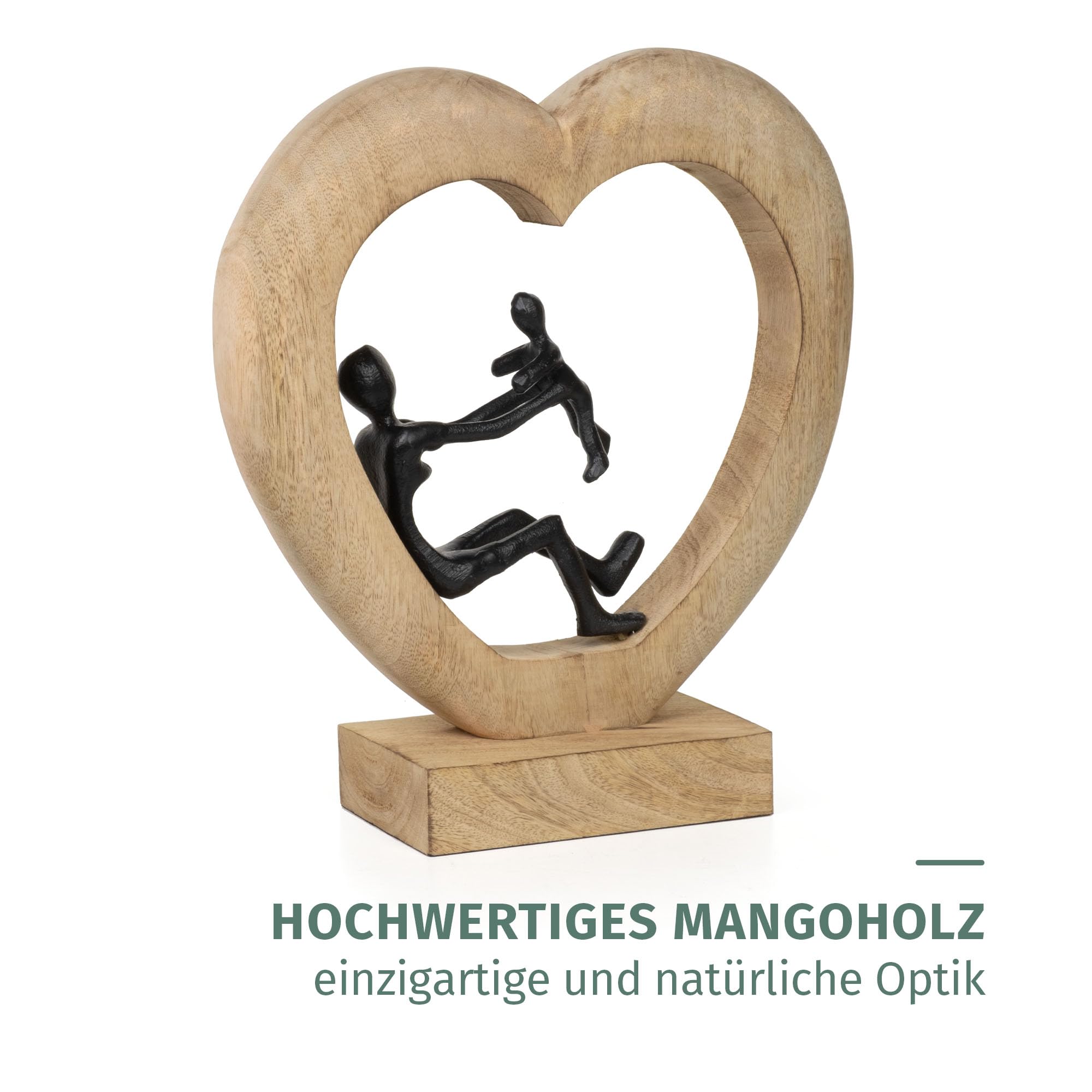 Moritz Figurka dekoracyjna Mother's Love czarna 30,5 cm z drewna mango i aluminium rzeźba matka z dzieckiem w sercu, symbol miłości rodziny i bezpieczeństwa, nowoczesna dekoracja, rękodzieło, pomysł
