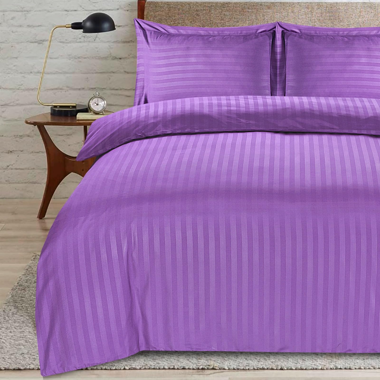 ZZZMRH Premium Quality Super King Duvet Set, Purple Duvet Cover with Satin Stripes, Reversible with 2 Pillowcases